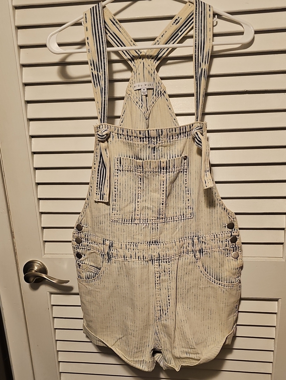 Women's Cream Stripe Denim Short Overalls